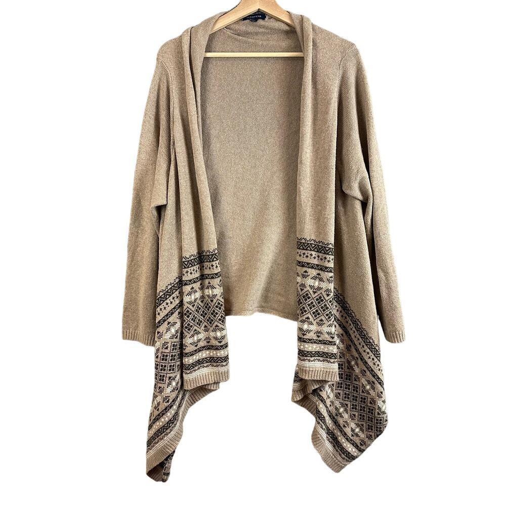 Lands End Open Front Fair Isle Cardigan Sweater Wool Blend LP PL L Petite 14 16